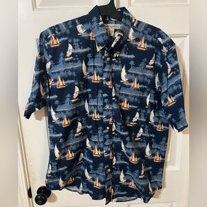 Munsingware Men’s L Hawaiian Blue Sailboat Button Down Shirt Nautical Vtg Beach